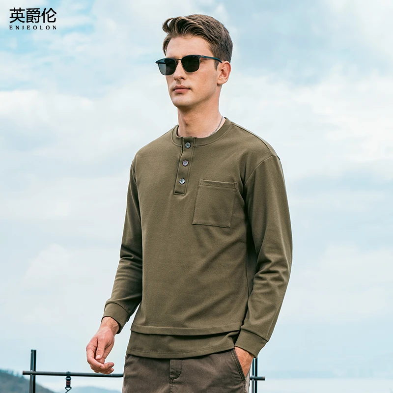 英爵伦300克重磅亨利领长袖T恤男2024秋季新款口袋装饰假两件体恤