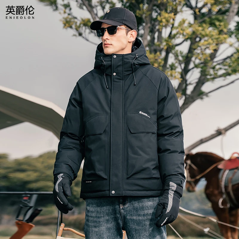 高蓬大朵白鸭绒连帽羽绒服男冬季90%绒子含量保暖工装外套24YR016