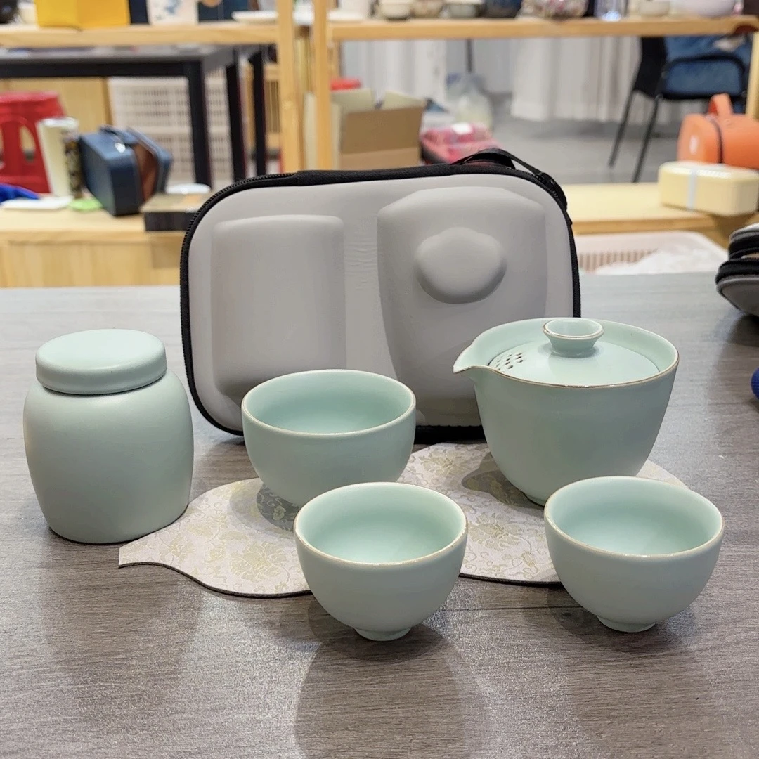 B92 旅行茶具套装天青汝窑一壶三杯带茶叶罐