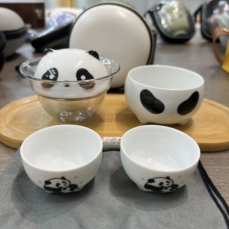 旅行茶具熊猫手抓三杯加灰包 A35
