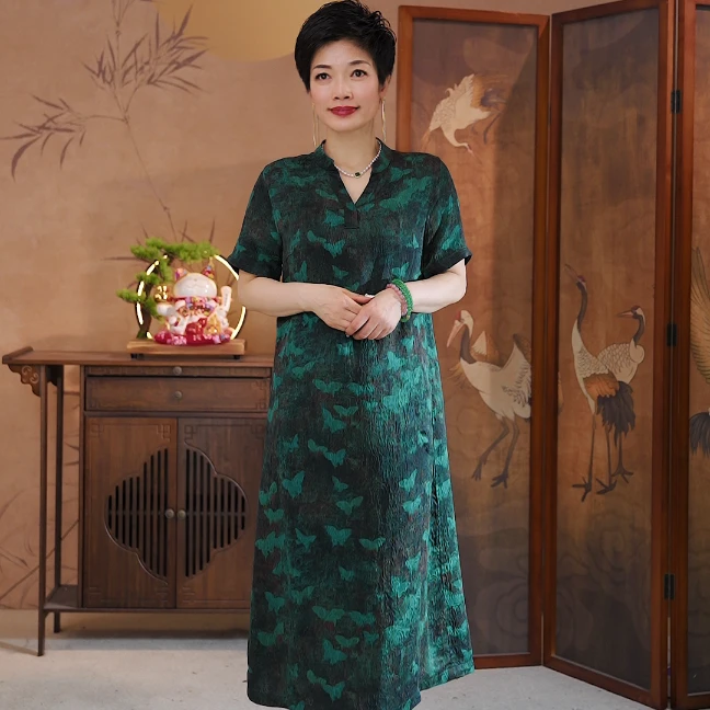 霓裳阁100%桑蚕丝  双面穿冠乐皱花罗香云纱裙（比翼双飞WF24115）