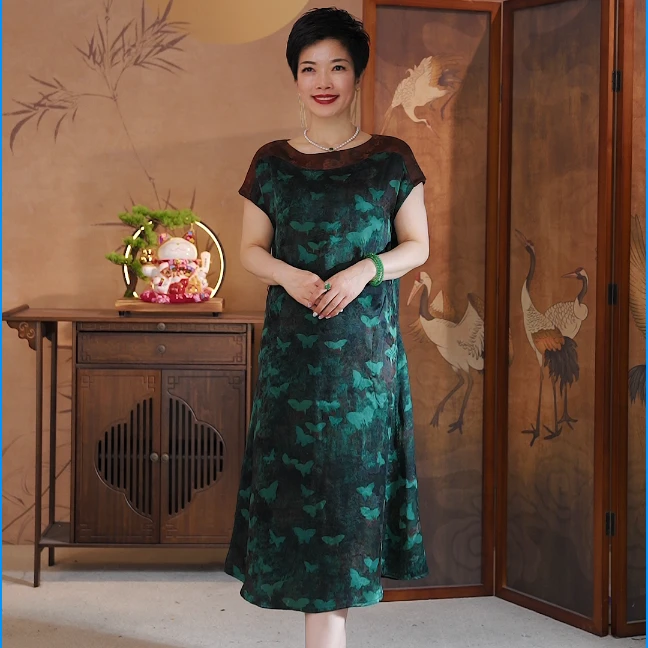 叶辰甄选香云纱  新品红云纱花罗双面穿裙（幻蝶仙影WF2414）