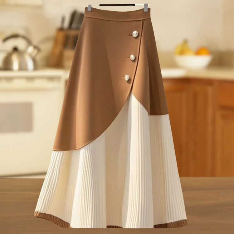 复古咖白撞色半身裙秋冬高端欧货洋气时尚半裙设计感A字长裙子女