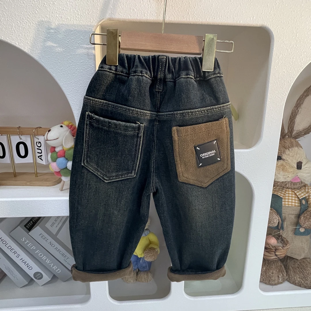 儿童加绒牛仔裤秋冬新款男童加厚韩版牛仔裤小童一体绒冬款休闲裤