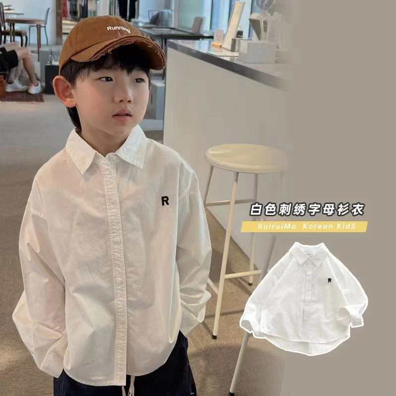 童装男童长袖衬衫春秋款2024新款儿童白色衬衣薄款时尚帅气秋季潮