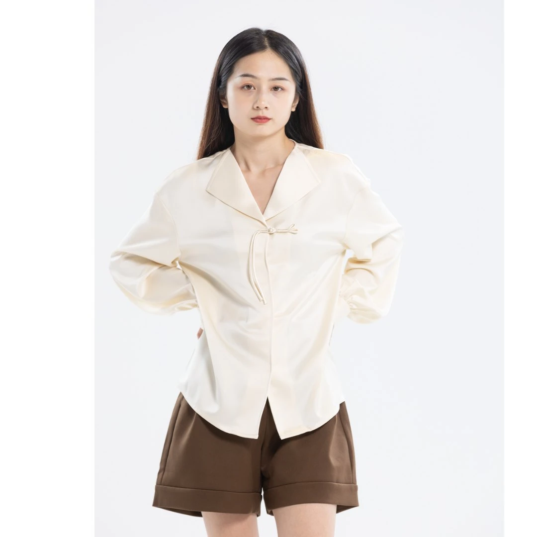 FEIFUMG/菲纺V领衬衣西装领中式气质衬衫女通勤小众纯色上衣 032