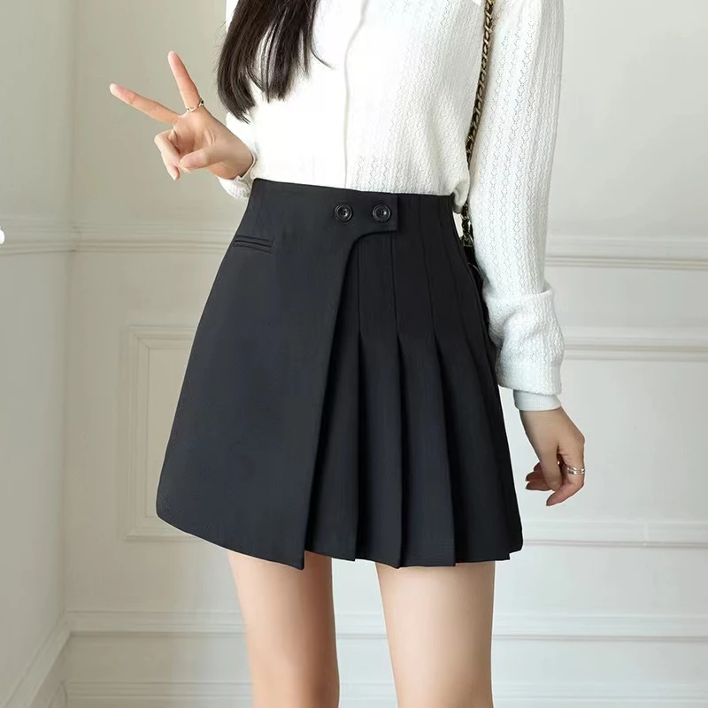（清清清）2024设计感双扣高腰短裙时尚百搭半身裙小个子百褶裙