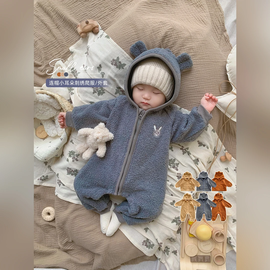 新生儿宝宝颗粒绒连帽小耳朵哈衣爬爬服SK1777