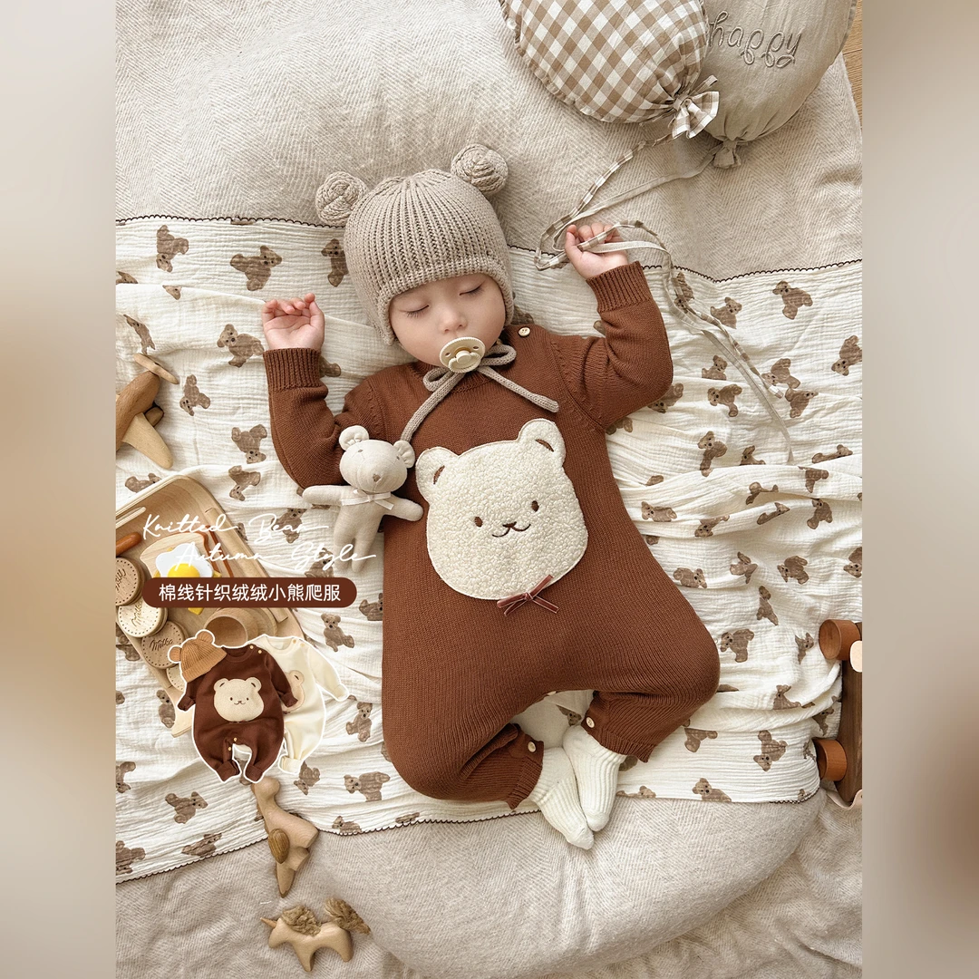 婴幼儿宝宝软糯糯针织小熊外出连体衣潮SK1834