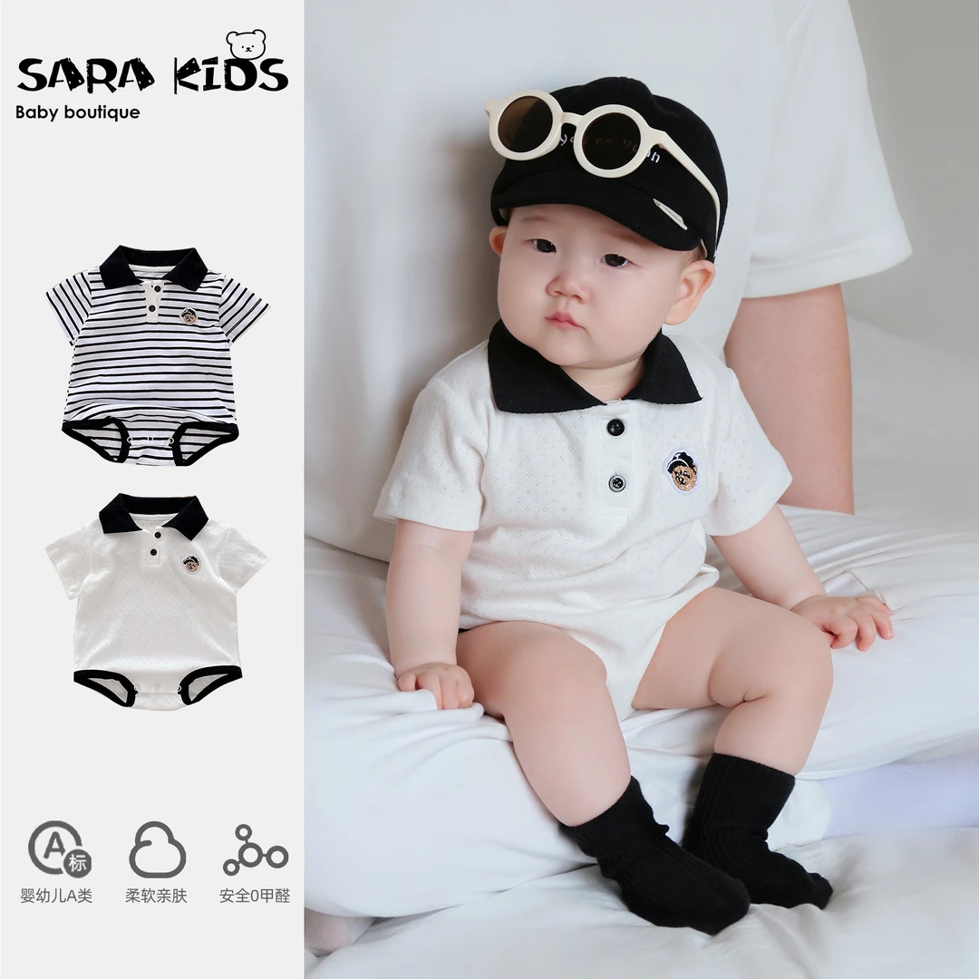 【夜岩波浪】夏季薄款polo领短袖哈衣夏装超萌包屁衣外出服ML683