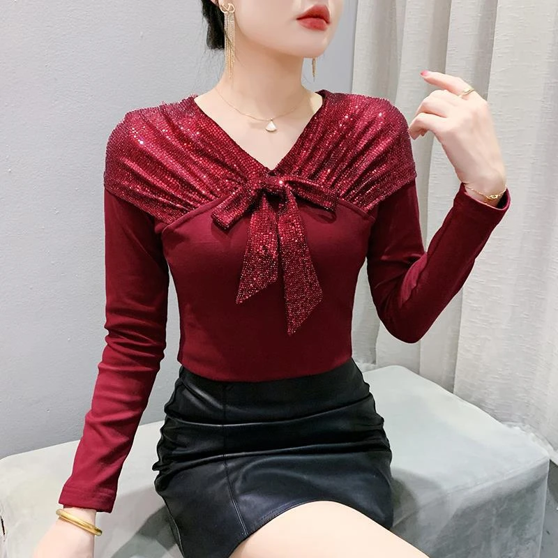 洋气镶钻收肩跳舞服装新款网红摩登上衣单件长袖水兵交谊拉丁舞衣