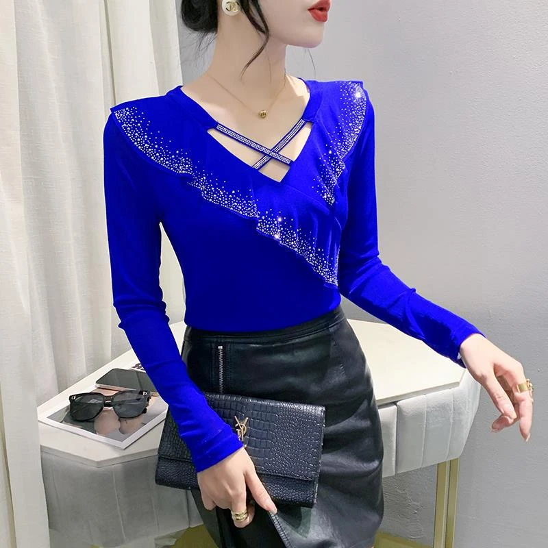 新款荷叶边烫钻舞蹈服女装上衣时尚气质拉丁摩登吉特巴广场舞小衫