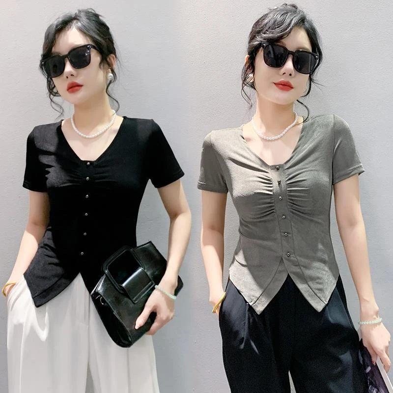 洋气修身皱褶女正宗跳舞衣服显瘦百搭服装新款网红小衫短袖T恤