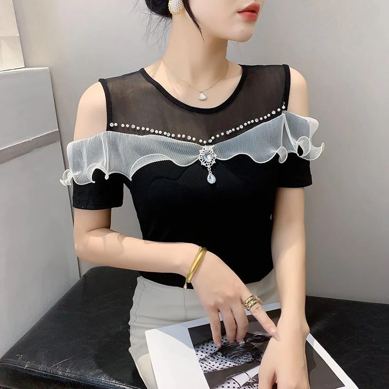 夏季新款荷叶边镶钻露肩摩登舞衣女上衣跳舞服装网红时尚短袖T恤