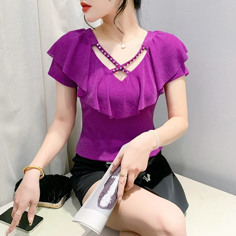 时尚荷叶边交叉领女装跳舞服装新款网红洋气舞蹈衣服百搭短袖小衫
