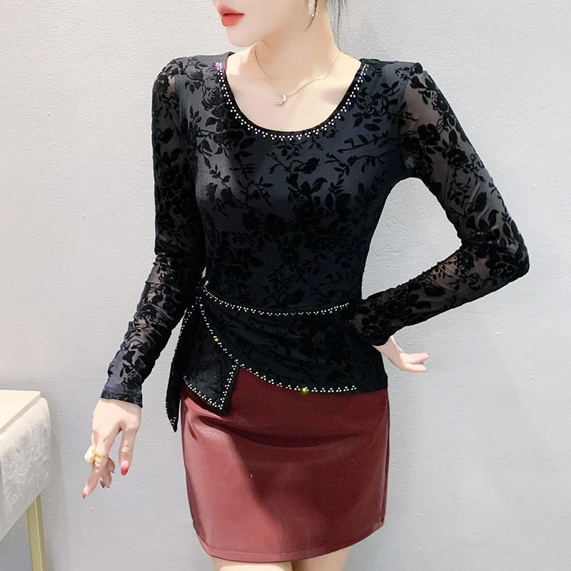 时尚植绒印花烫钻不规则长袖小衫舞蹈服女装跳拉丁广场摩登上衣
