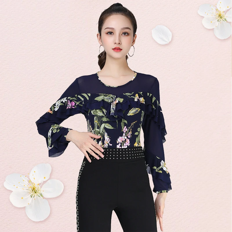 新款舞蹈印花荷叶边上衣女士摩登拉丁吉特巴广场舞训练表演服