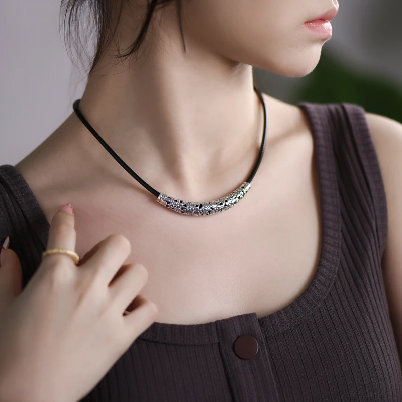 罗泰老银匠 吊坠足银 990纯银弯管路路通项链吊坠女款锁骨链配饰