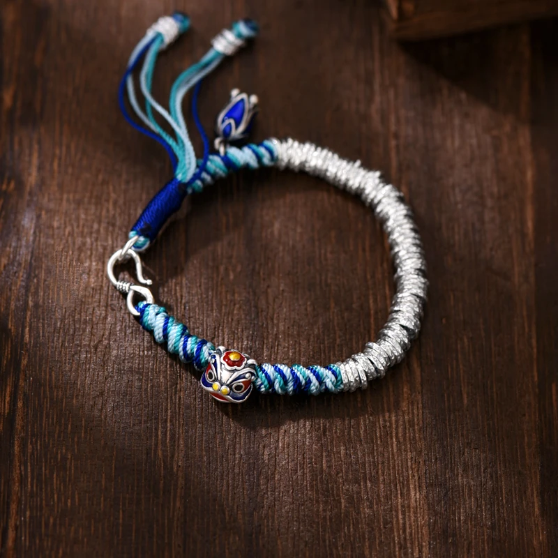 罗泰老银匠 足银手链 990纯银珐琅醒狮手链男女士款手工盘缠手绳