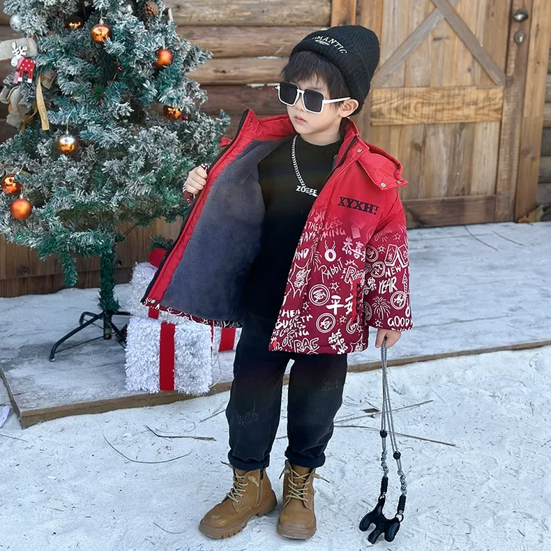 儿童棉服男童冬装加绒加厚派克服男孩痞帅棉袄红色过年外套拜年服