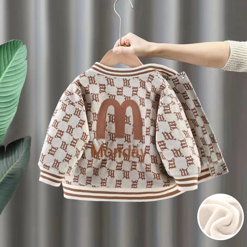 加绒时尚M休闲外套男童女童洋气潮流款棒球服2023新款帅气夹克