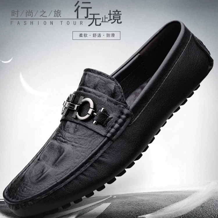 夏季新款鳄鱼纹豆豆鞋乐福鞋一脚蹬老板鞋透气真皮防滑乳胶鞋垫