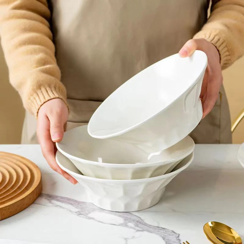 釉下彩4个装白色浮雕8英寸大汤碗ins风酸奶碗高颜值大号碗