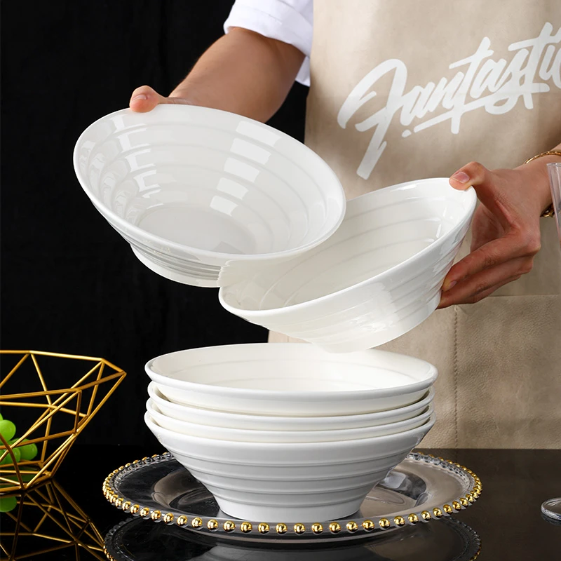 【破损包赔】4个8英寸螺纹喇叭碗家用大汤碗釉下彩陶瓷大碗