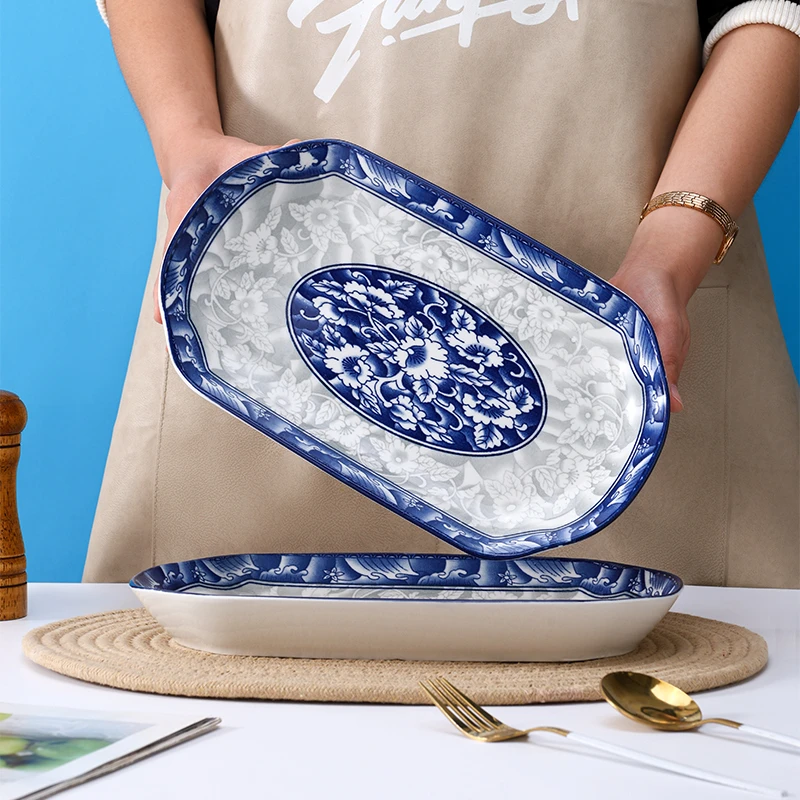 【粉丝精选】2个装青花瓷12英寸大鱼盘家用陶瓷蒸鱼菜盘子