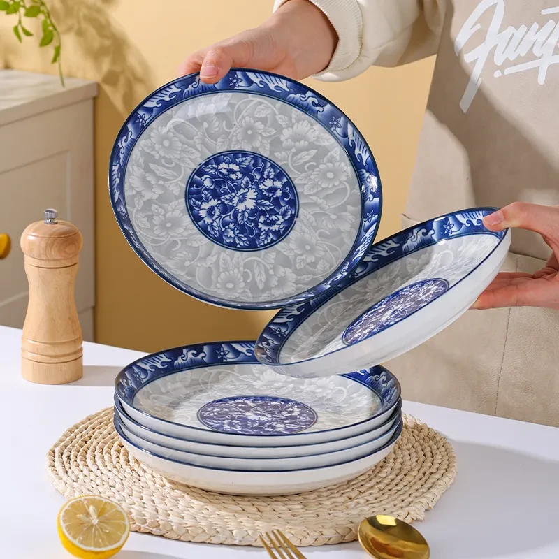 6只青花瓷8英寸大盘子釉下彩家用青花菜盘子圆盘餐盘饭盘