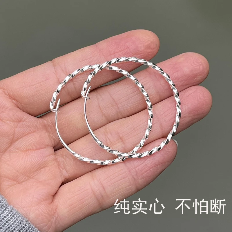 足银耳饰 手工麻花耳环女999纯银大耳圈实心夸张定制正品素银耳饰