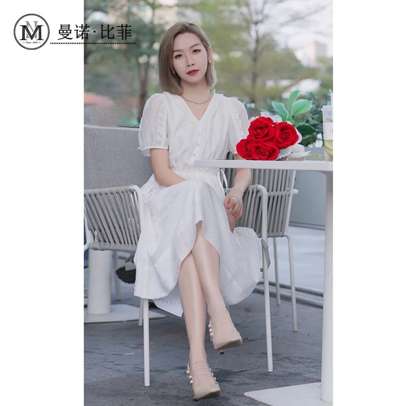曼诺比菲夏季法式初恋小白裙女v领连衣裙DMEBL121001