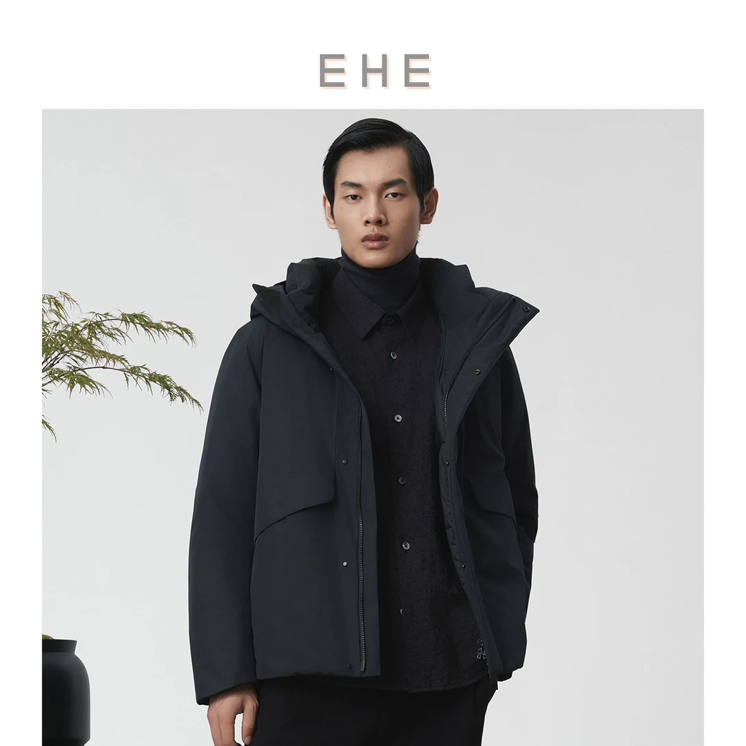 EHE男装 24冬季90白鹅绒防风防水短工装风连帽羽绒服EH1244131073