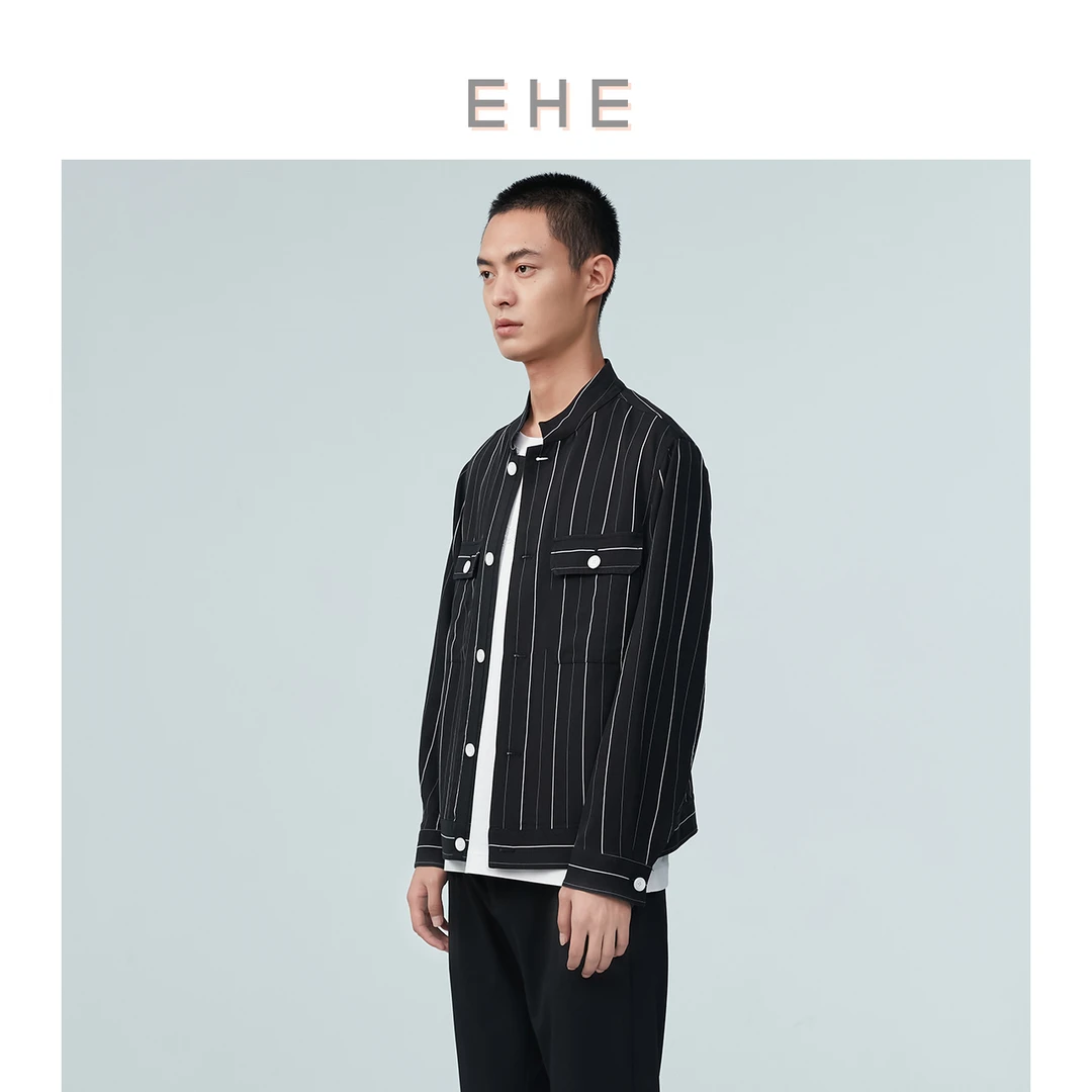 EHE男装 春秋季男士条纹复古文艺立领休闲男外套长袖66101231019