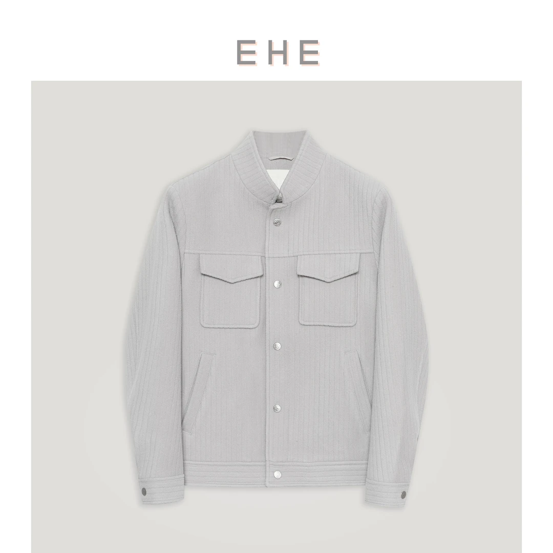 EHE男装 秋冬新款灰色羊毛兔毛混纺精致坑夹克男外套66101214007