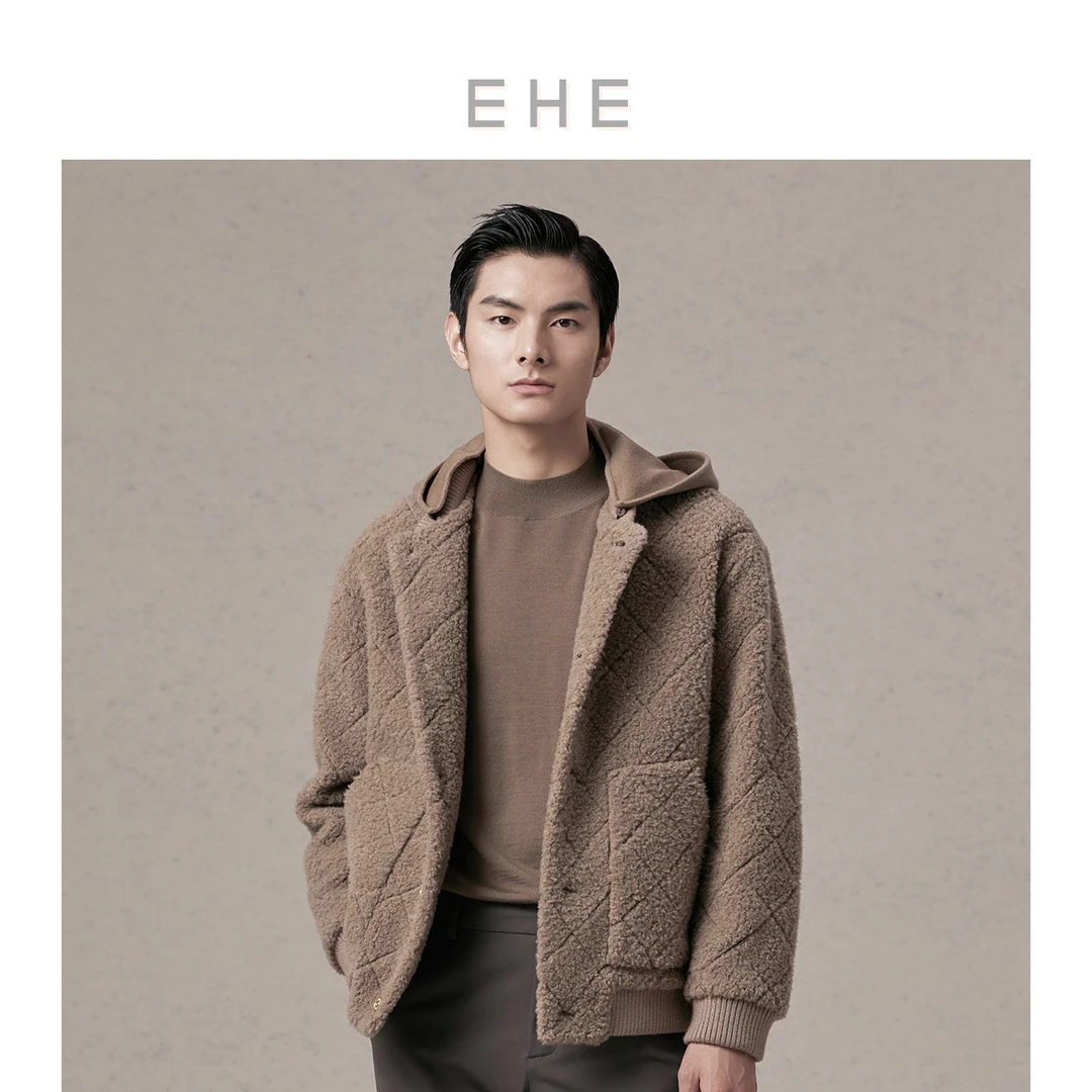 EHE男装冬季新款90%白鹅绒内里绵羊毛可拆卸连帽皮毛服男加厚保暖