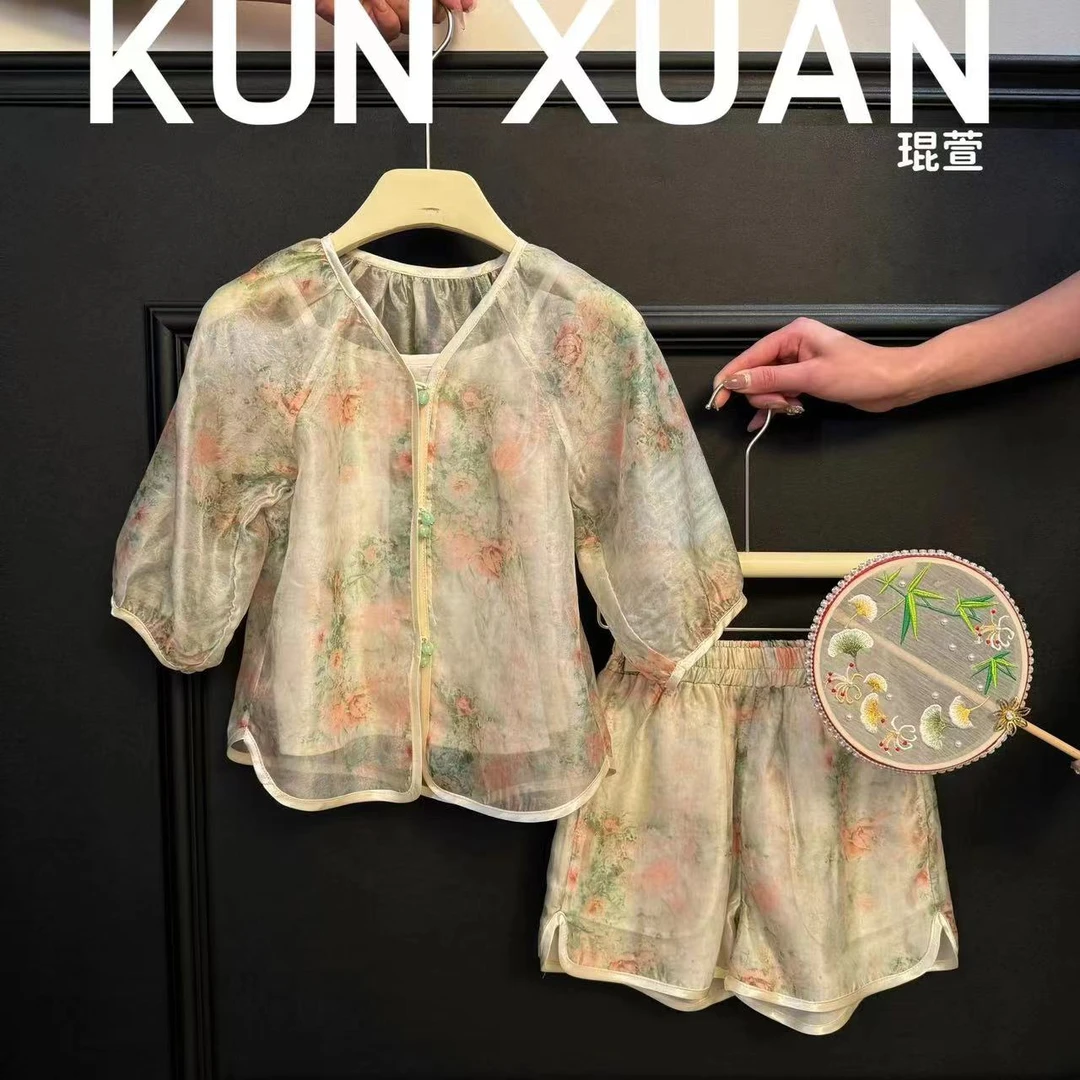 【琨萱】“醒时春山”女童2024夏款新中式重工高定清透套装 SU56T0126