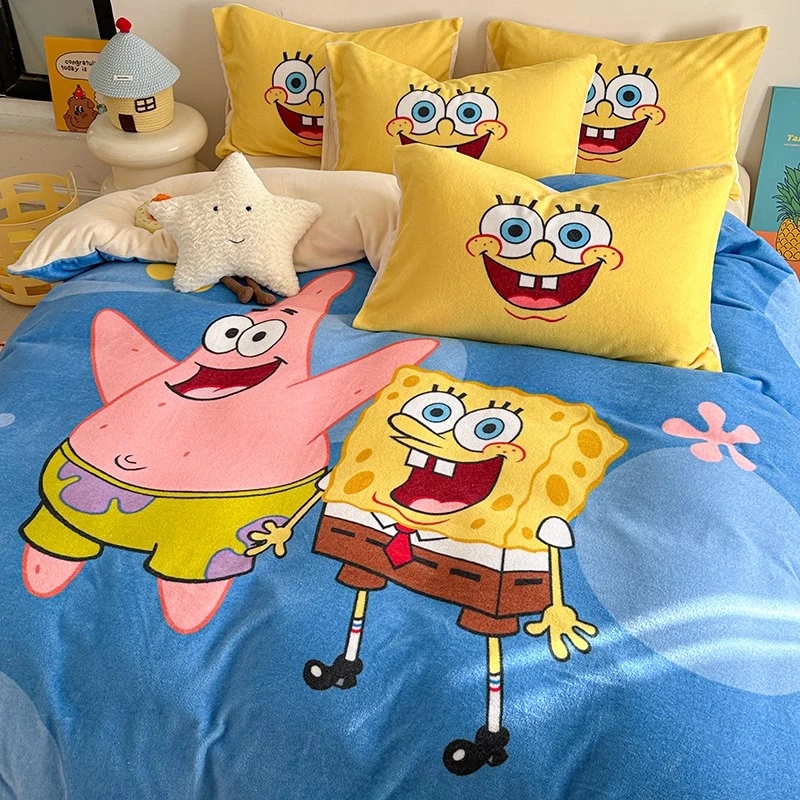 海绵宝宝牛奶珊瑚绒床上四件套冬季加绒床品毛绒被套床单人三件套