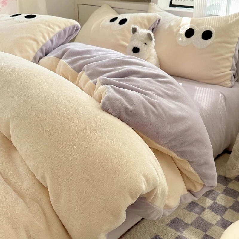 奶油风牛奶绒床上四件套冬季加厚珊瑚绒床品加绒被套床单人三件套