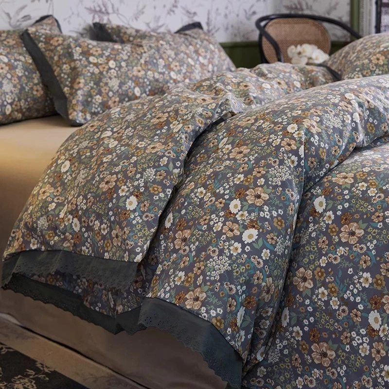 A类田园风纯棉床上四件套全棉复古床品碎花被套床单人三件套床笠4