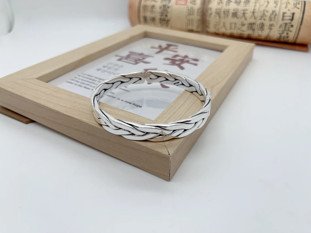 足银手镯 足银时尚复古编织款开口可调节手镯情侣款送人自留
