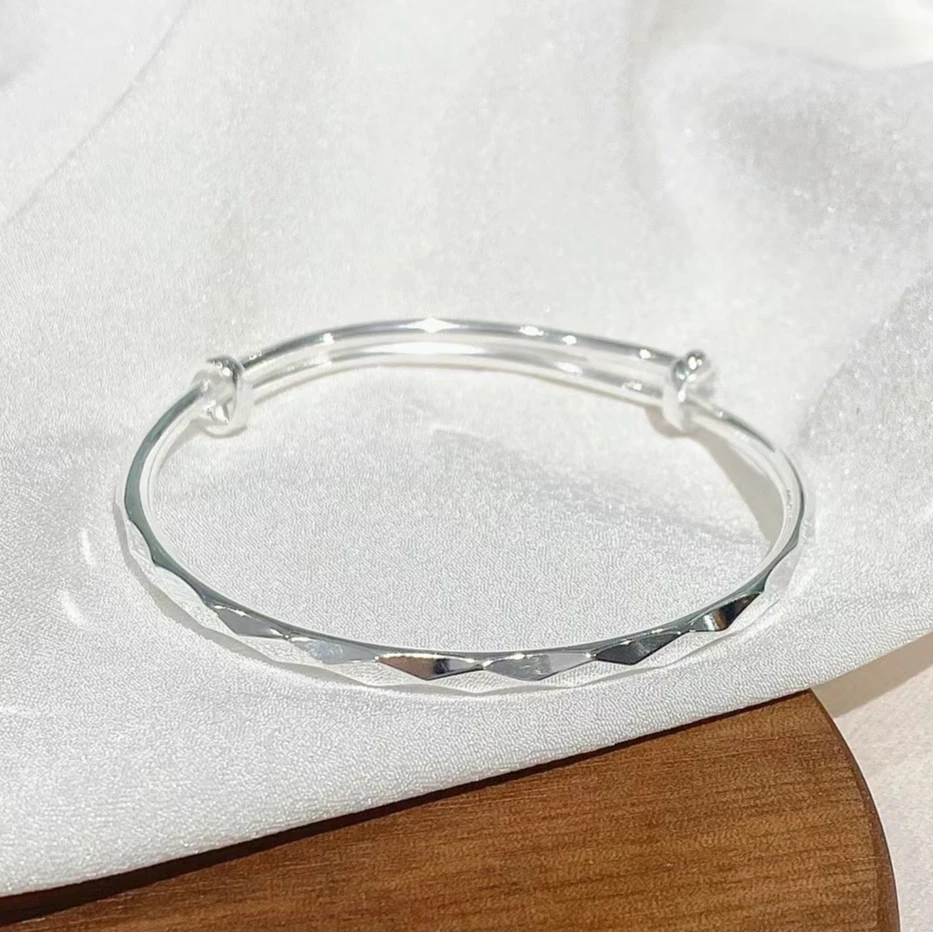 足银手镯 足银999.9时尚气质经典水立方女款推拉可调节实心手镯