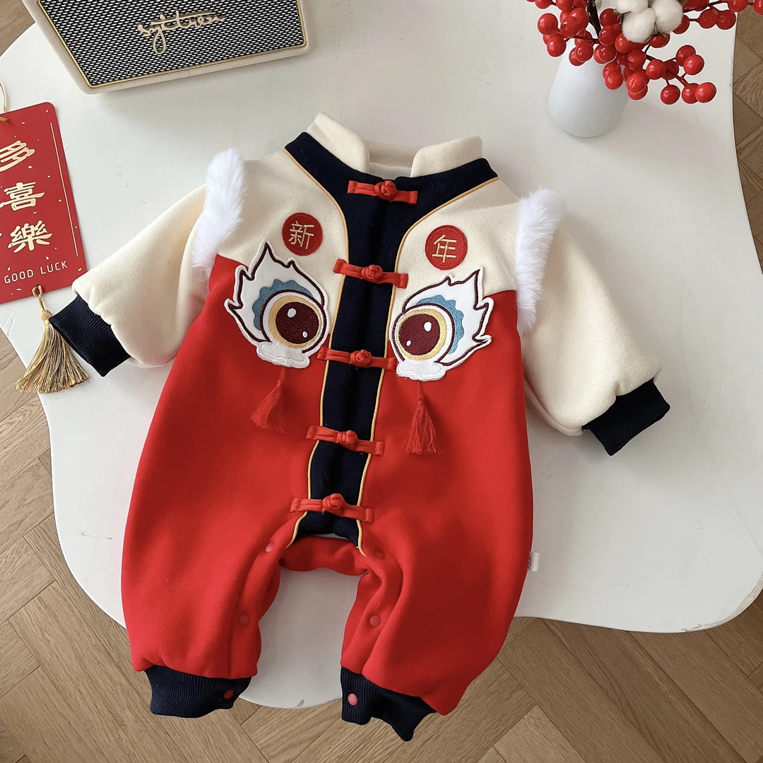 新年装唐装连体衣中国风男宝宝百天周岁礼服加绒爬服婴儿拜年服红