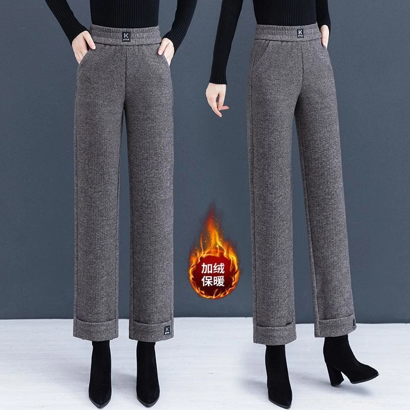 秋冬新款人字纹加厚直筒裤高腰加绒毛呢裤子女小个子百搭九分裤