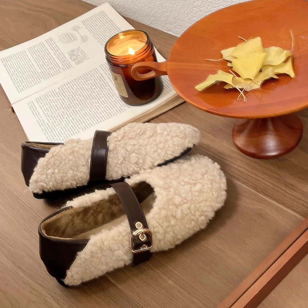 平底一字扣毛毛鞋女外穿2024年新款秋冬季百搭加绒保暖豆豆单鞋子