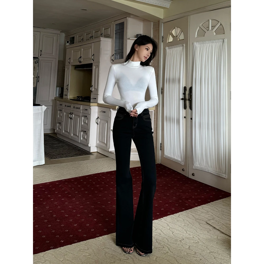 IFMR新黑金色系 【高腰微喇款】冬季高腰辣妹显瘦修身微拖地牛仔裤