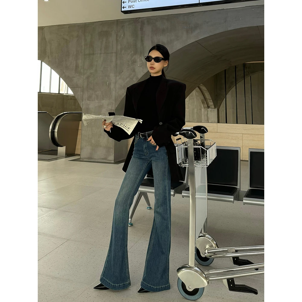 IFMR复古蓝色春夏季设计感辣妹低腰阔腿修身显瘦微喇叭牛仔裤子女