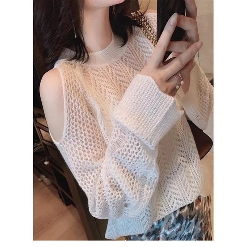 露肩镂空毛衣女2023春秋新款宽松ins风外穿百搭套头长袖针织上衣