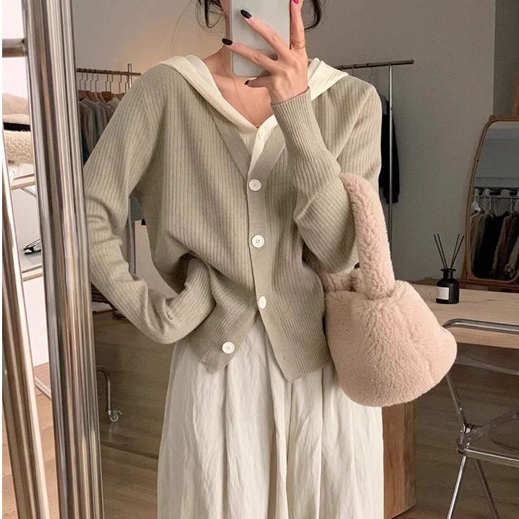 韩版别致小众拼接假两件针织开衫女秋冬休闲时尚连帽毛衣打底上衣