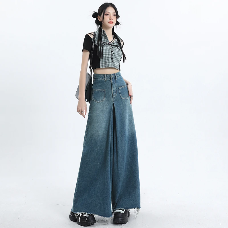 设计感毛边阔腿牛仔裤女高腰显瘦宽松喇叭潮流直筒拖地裤